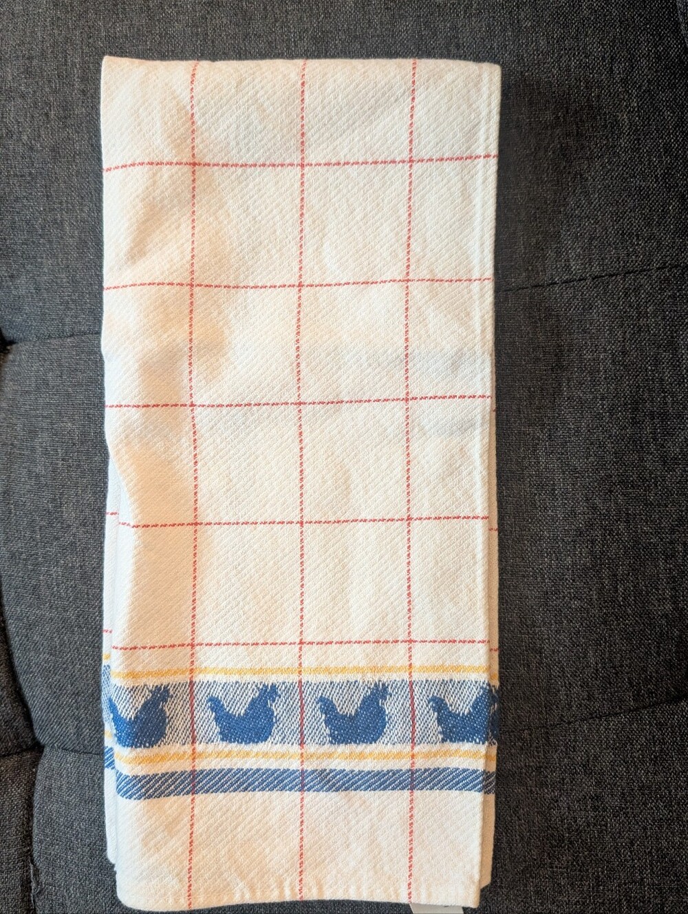 Vintage Santens Belgium Cotton Tea Towel Rooster Blue Border Grid Cottagecore